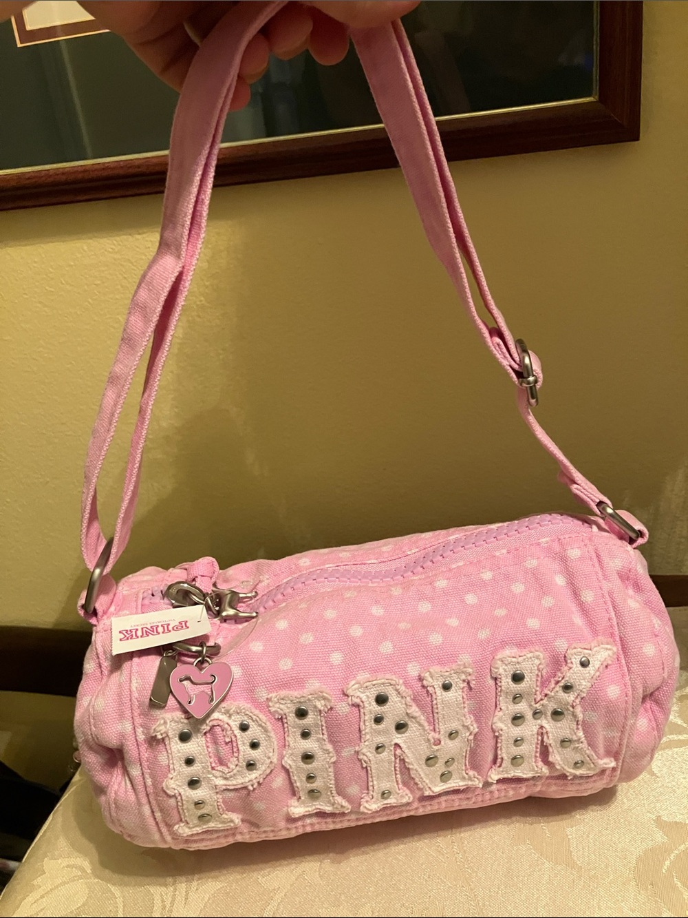 💖VS Pink VIRAL Y2K style Canvas Rolled Duffle Bag pink with polka dots NWT - Picture 5 of 12